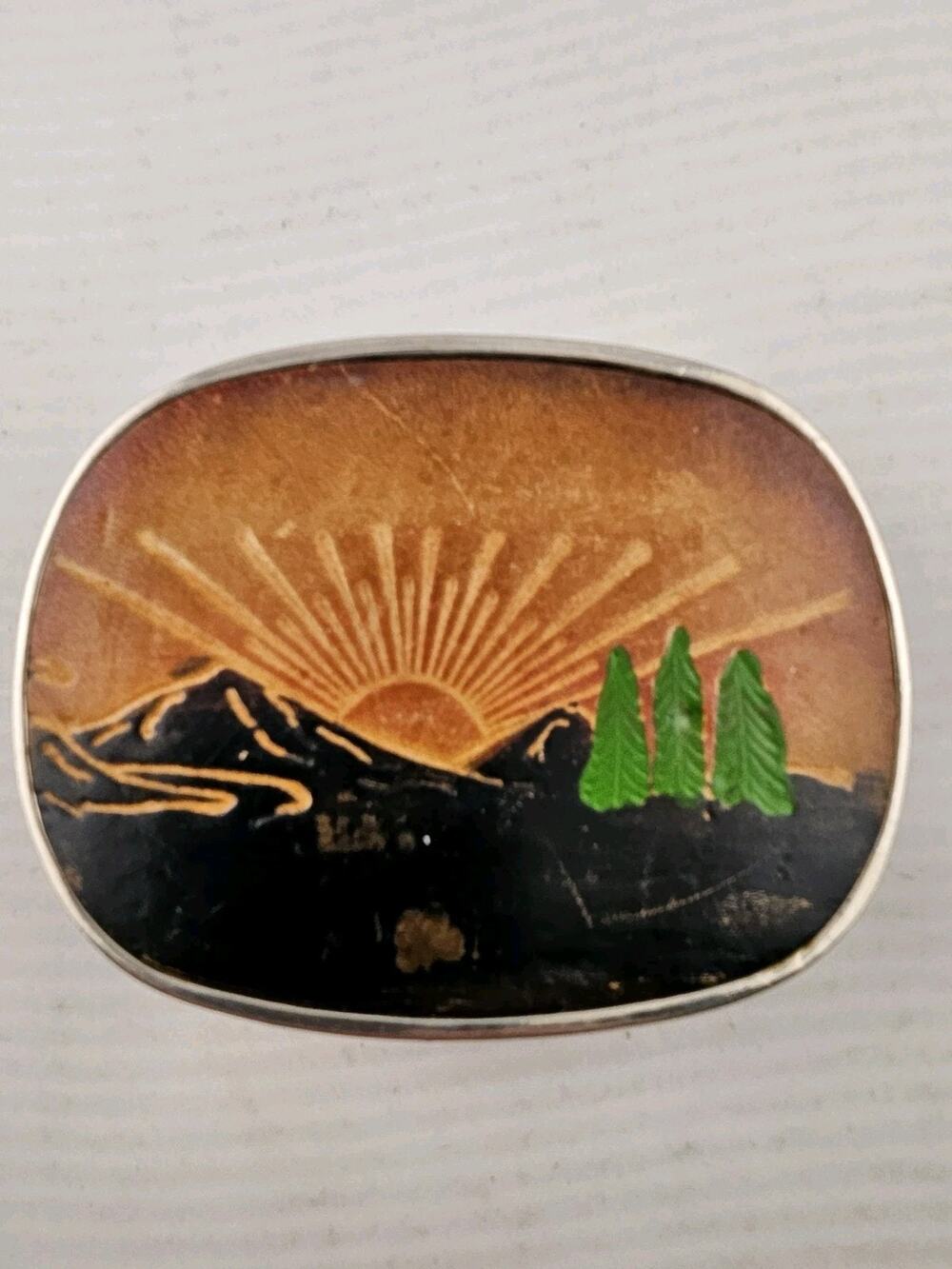 Mens Sunrise Over Mountains Leather Inlay Western Buckle